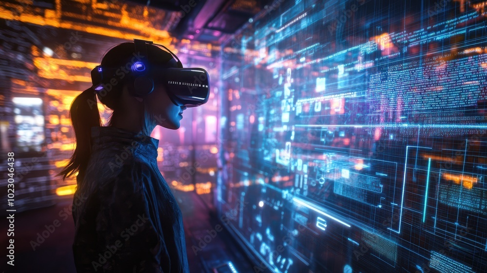 Poster digital data flows around a person wearing a virtual reality headset, blending the boundaries betwee