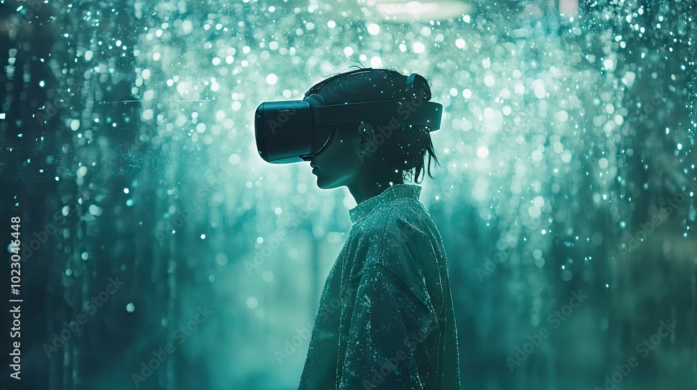 Poster digital data flows around a person wearing a virtual reality headset, blending the boundaries betwee