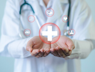 Health insurance and medical welfare concept. Hand with plus sign and medical icons, health and...