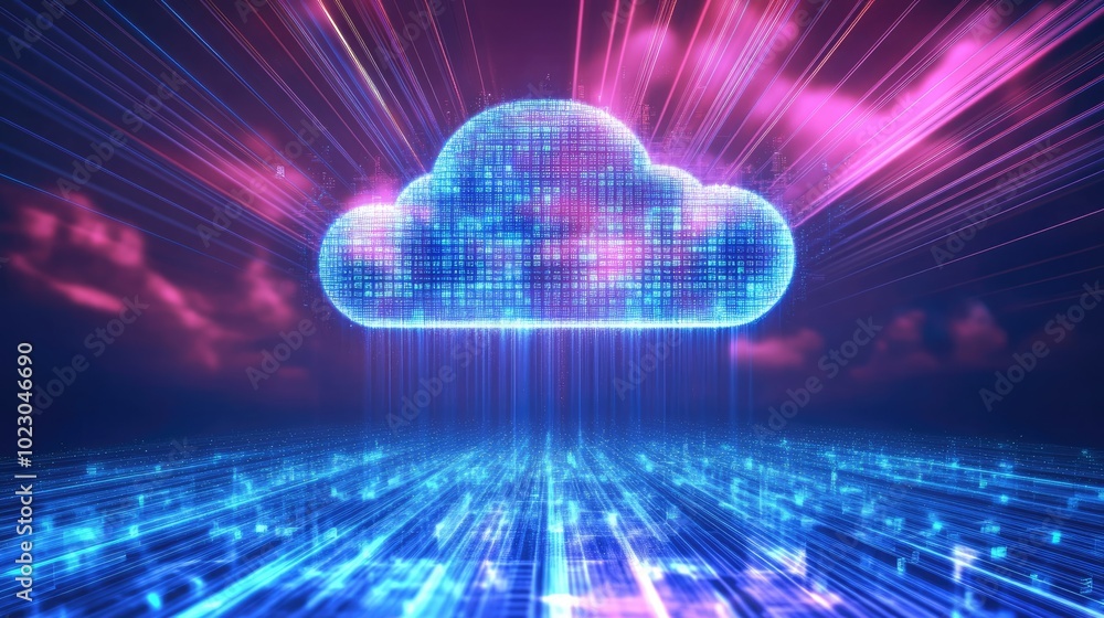 Poster digital data streams migrate into a cloud, illustrating advanced file management and cloud storage s