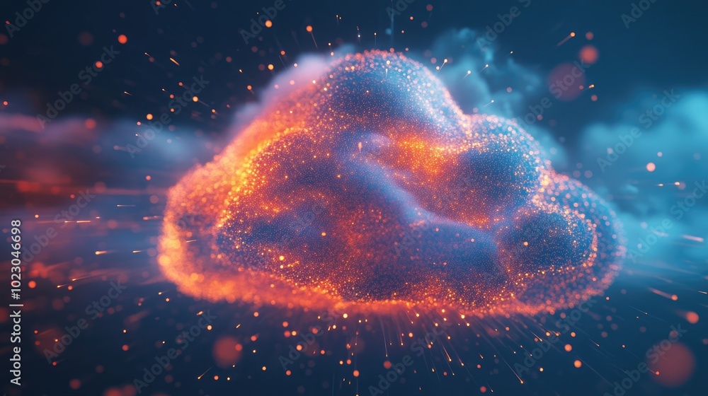 Poster digital data streams migrate into a cloud, illustrating advanced file management and cloud storage s