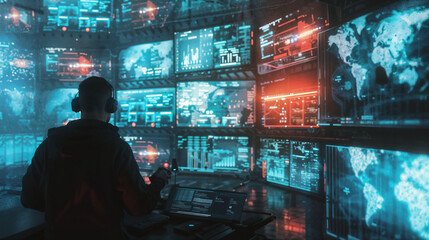 Futuristic command center with global data visualization. Cybersecurity specialist monitors worldwide network activity. Advanced technology interface for real-time threat analysis