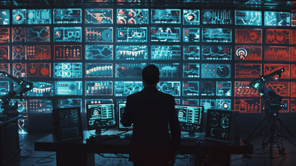 Analyst monitoring complex data visualization screens. Futuristic command center with advanced analytics displays. Cybersecurity expert overseeing network operations, digital infrastructure management