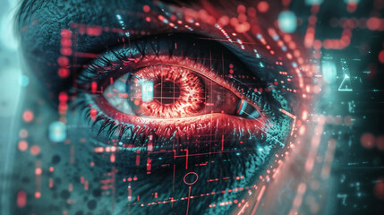 Biometric red eye scan with red iris, digital overlay, and technological interface. Futuristic identity verification and surveillance concept.