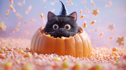 Fototapeta premium A cute black cat with big eyes, sitting inside a pumpkin with a tiny witch hat on, surrounded by floating stars and candy corn.