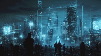 Futuristic cityscape with holographic overlay. Silhouettes of people against illuminated skyscrapers. Digital network and data visualization in urban environment, for the background of a wallpaper