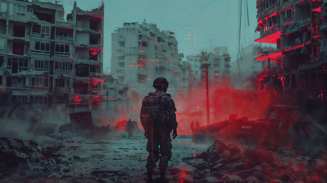 Back of a soldier in war torn urban landscape with digital red overlay. Dystopian scene of conflict and surveillance, blending reality with advanced technology in a damaged cityscape.