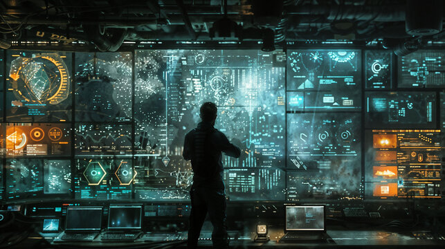 Holographic command hub for space exploration. Astronaut interacts with futuristic mission control interface. Advanced data visualization for interstellar navigation
