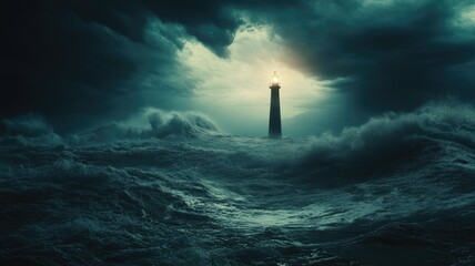 Fototapeta premium Lighthouse standing amidst tumultuous ocean waves under stormy sky