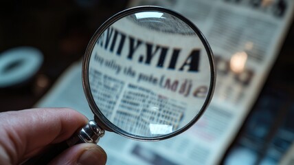 Reading newspaper through magnifying glass, close-up of hand holding lens