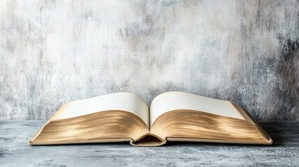 Open old book with yellowed pages on concrete surface