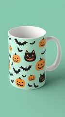 A cute Halloween mug with tiny black cats, pumpkins, and bats arranged in a repeating pattern on a pastel mint green background, perfect for a lighthearted touch.