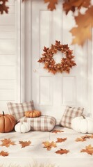 A cute little cottage with a front porch full of fall decor--pumpkins, plaid cushions, and a wreath made of maple leaves and tiny pumpkins.