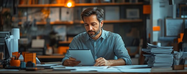 A man reviews documents in a modern office setting, surrounded by papers and warm lighting.