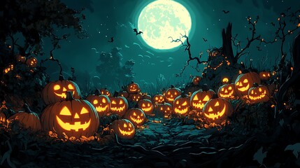 Fototapeta premium A cartoon-style illustration of a pumpkin patch at night, filled with glowing jack-o'-lanterns in various expressions. Twisting vines and leaves add to the scene,