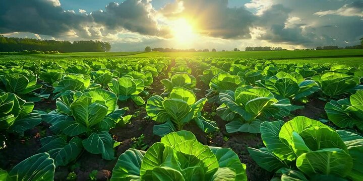 Lush green cabbage farm with rows of fresh crops ready for harvest.