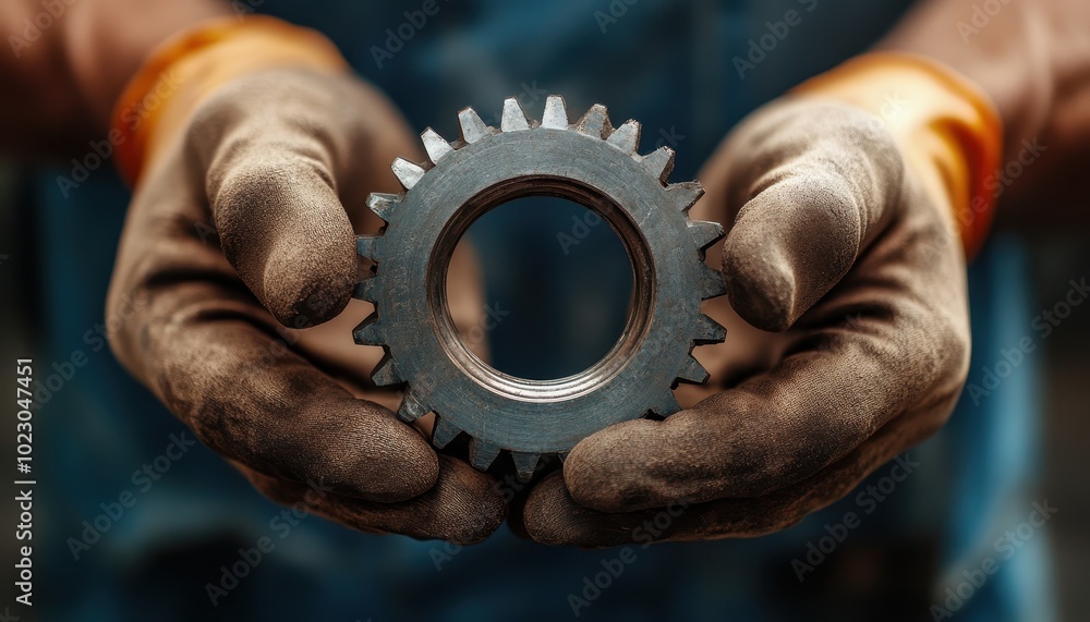 Poster a worker showcases a gear part in a workshop, emphasizing crm tools