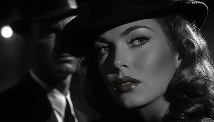 Mystique of a femme fatale in a smoky bar during the classic film noir era