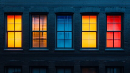Five windows on a black brick wall, illuminated in various colors: red, orange, and blue.
