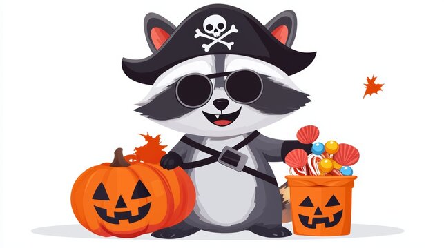 raccoon pirate halloween with pumpkin and candy clip art preview