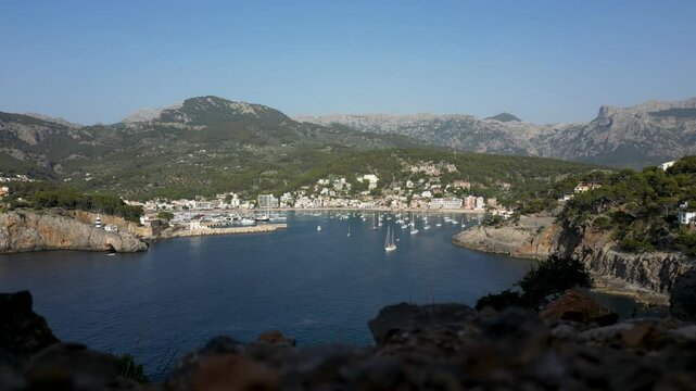 Stunning panoramic view of Port de Soller, Mallorca, Spain, mountains and sea 4k