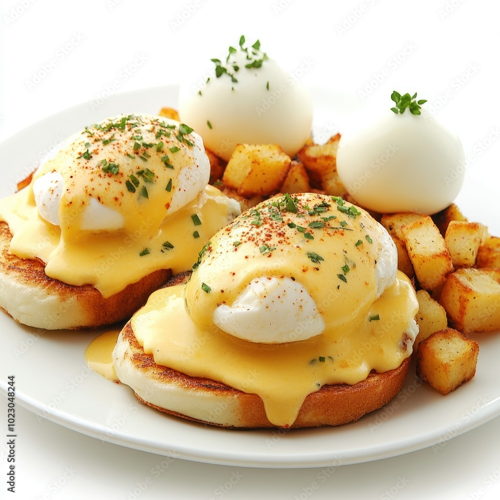 Canvas Prints A plate of eggs Benedict with poached eggs, hollandaise sauce, and diced potatoes.