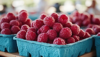 Vibrant baskets of fresh raspberries arranged at a summer farmer's market in bright daylight