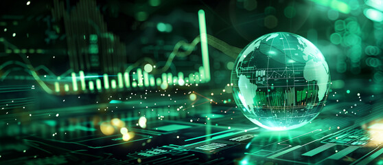 Glowing green globe and financial charts on digital interface. Futuristic technology with data visualization, world global connectivity and economic trends in high-tech environment. Banner background