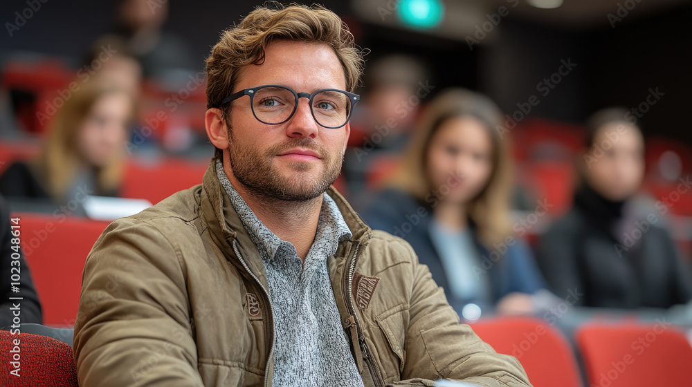 Poster a young man in glasses sits in a lecture hall, focusing on the presentation while classmates around 