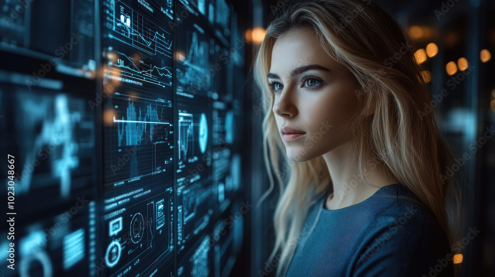 Aufkleber a young woman focuses intently on various digital displays in a tech environment, analyzing complex 