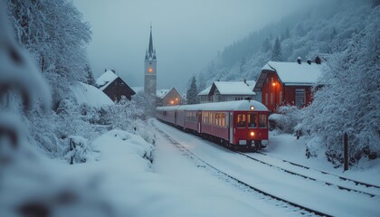 Experience a winter train journey through picturesque snowy villages nestled in the mountains