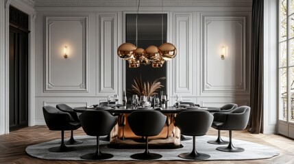 Elegant dining room with modern furniture. Perfect for showcasing luxury home decor or interior design projects.