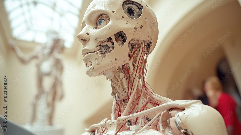 Poster a highly detailed anatomical model of a humanoid robot showcases its internal mechanisms and structu