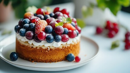 A close-up of a grape cake topped with fresh fruit, beautifully styled on a white plate for an appealing dessert