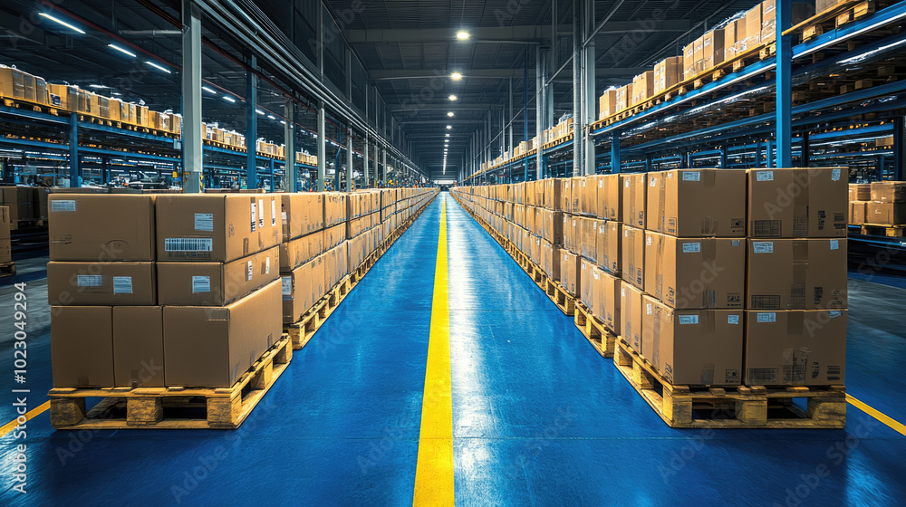 Poster neatly arranged cardboard boxes on pallets fill a bright warehouse, highlighting efficient storage a