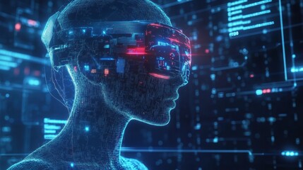 Futuristische Silhouette einer Person in einem Virtual-Reality-Headset mit Datenströmen. Konzepte der virtuellen Realität, der erweiterten Realität und fortschrittlicher Technologien.