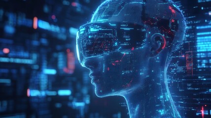 Futuristische Silhouette einer Person in einem Virtual-Reality-Headset mit Datenströmen. Konzepte der virtuellen Realität, der erweiterten Realität und fortschrittlicher Technologien.