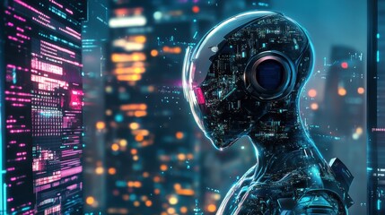 Futuristische Silhouette einer Person in einem Virtual-Reality-Headset mit Datenströmen. Konzepte der virtuellen Realität, der erweiterten Realität und fortschrittlicher Technologien.