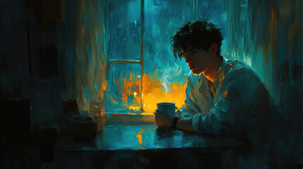 Fototapeta premium A young man gazes thoughtfully out a window, holding a warm drink while soft, colorful light highlights the room during dawn