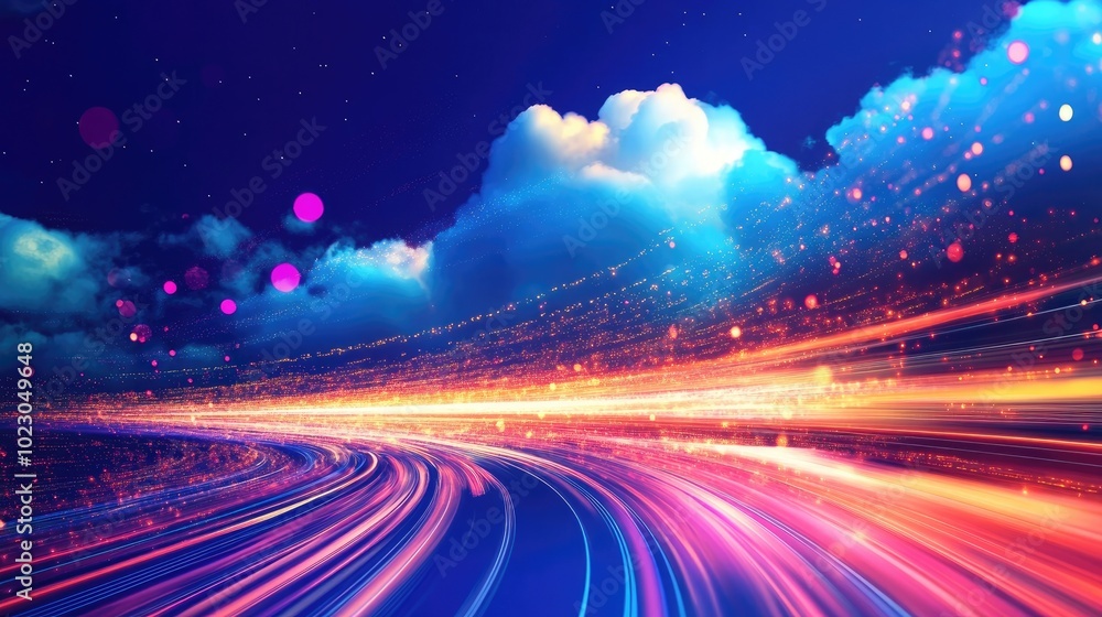 Poster vibrant data streams flowing into a digital cloud, representing digital file migration, cloud comput