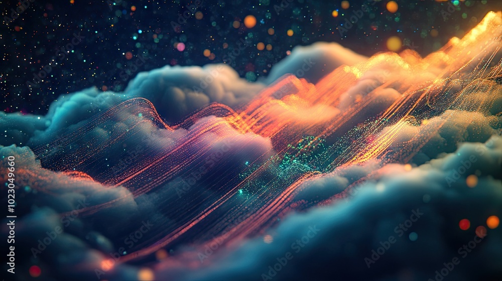 Poster vibrant data streams flowing into a digital cloud, representing digital file migration, cloud comput