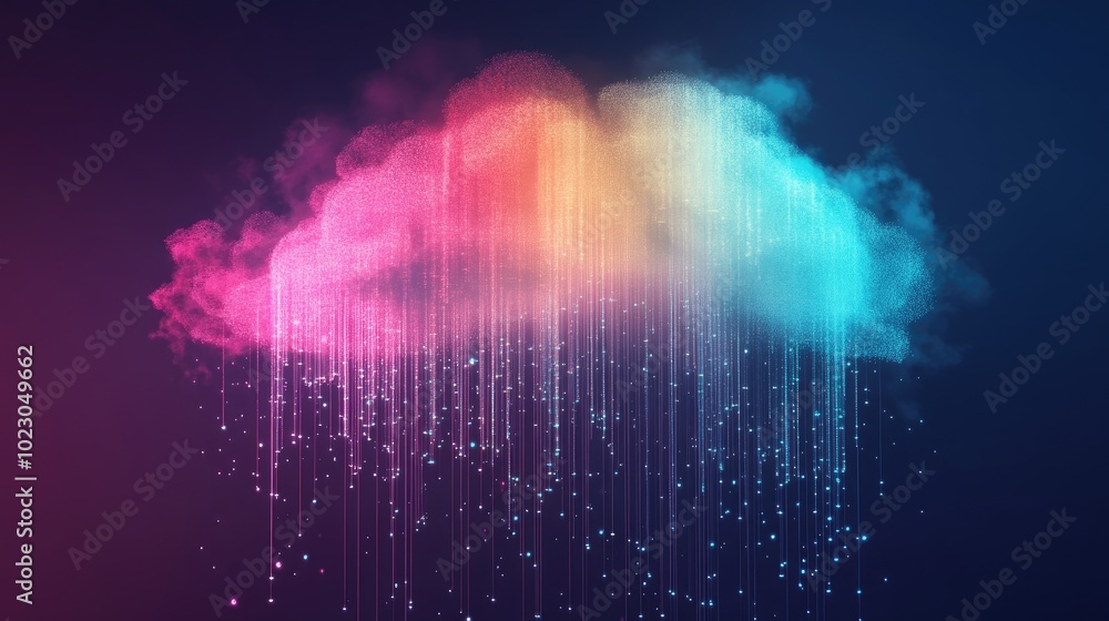 Poster vibrant data streams flowing into a digital cloud, representing digital file migration, cloud comput