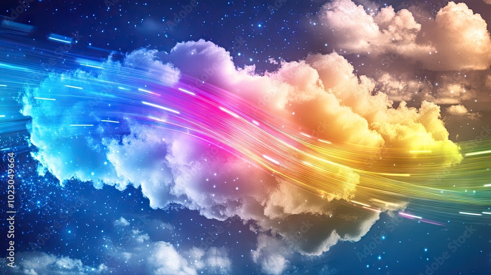 Poster vibrant data streams flowing into a digital cloud, representing digital file migration, cloud comput