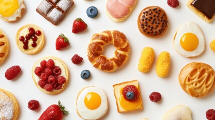A diverse array of breakfast pastries, fruits, and eggs are artfully scattered across a white background. This appetizing display suggests a rich and varied morning meal or brunch.