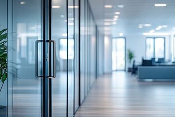 Glass door with a handle in modern office. Great for corporate or business concepts, illustrating professionalism and growth.