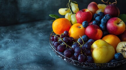 A rich assortment of fresh fruits is beautifully laid out on a wooden surface in a rustic style. This bright composition emphasizes the importance of healthy eating, freshness and natural abundance.