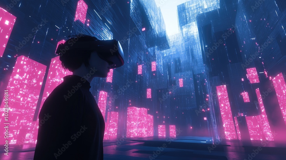 Poster virtual and physical worlds meet as data streams flow around a vr user, symbolizing the future of im