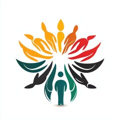 Colorful abstract human figures and hands form a circular, lotus-like shape around a central figure. This vibrant design represents community, diversity, support, and collective well-being.