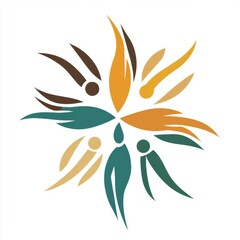 Colorful abstract human figures and hands form a circular, lotus-like shape around a central figure. This vibrant design represents community, diversity, support, and collective well-being.
