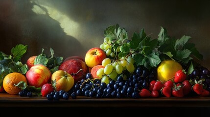 A rich assortment of fresh fruits is beautifully laid out on a wooden surface in a rustic style. This bright composition emphasizes the importance of healthy eating, freshness and natural abundance.